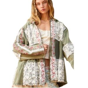 POL Large Floral Patchwork and Lace Denim Twill Jacket in Olive